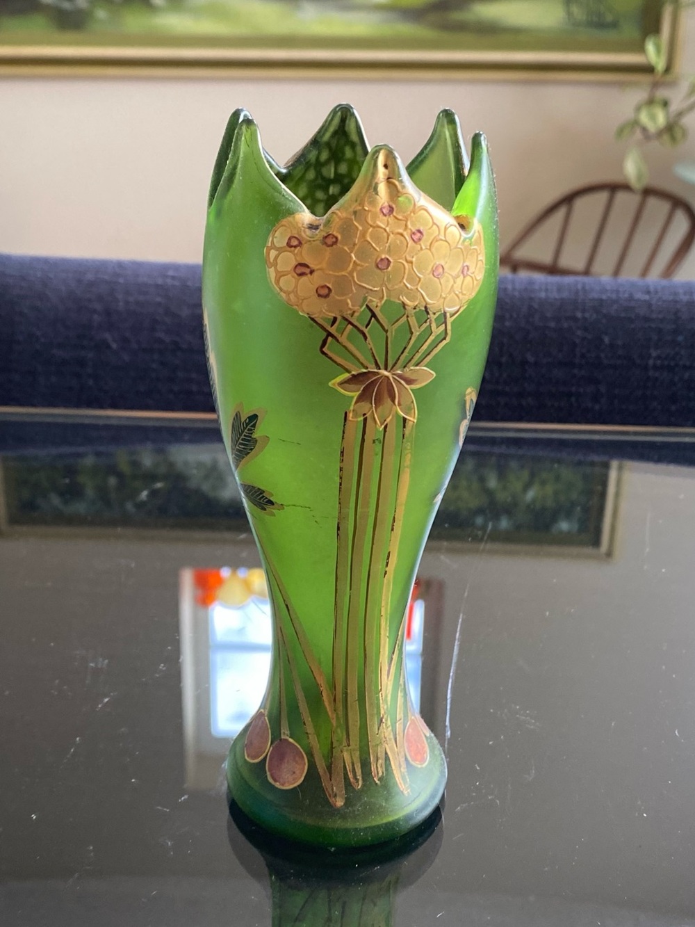 Antique Art Nouveau Green Glass Gold Enamel Flowers Leaves Early 1900s 6.5”
